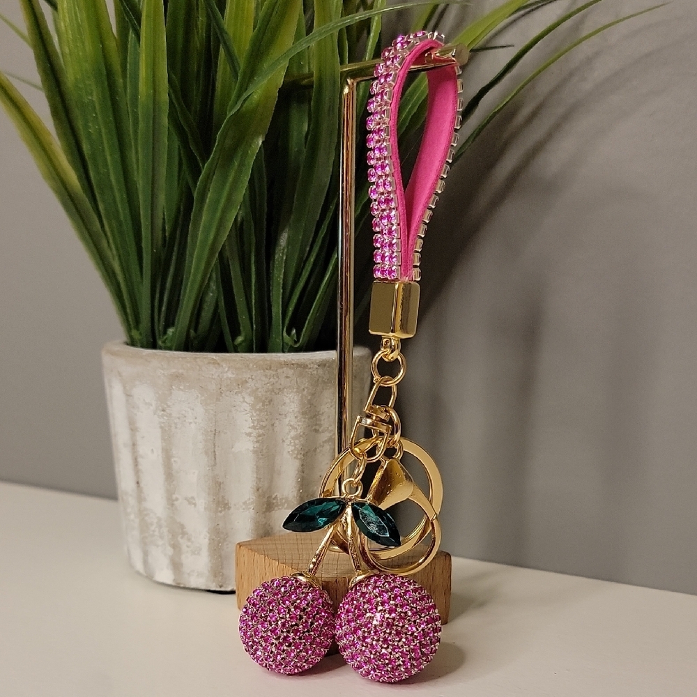 Pink Cherry Rhinestone Keychain Bag Charm - Picture 3 of 8